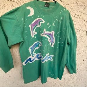 Vintage sweatshirt Long 100% Cotton USA Turquoise size XL Oneita tag Dolphins
